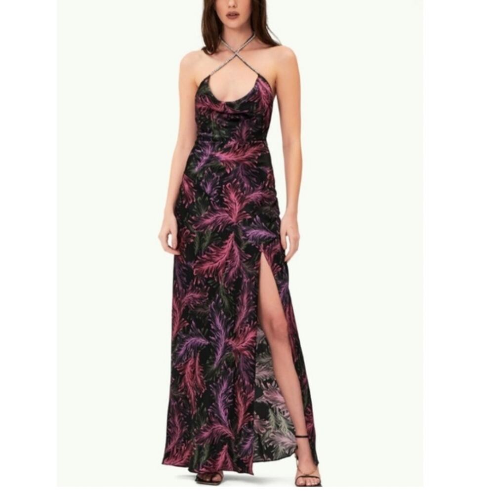 NWT Nicholas Melia Floral-Feather Print Silk Halter Maxi Gown - Women’s Size 2